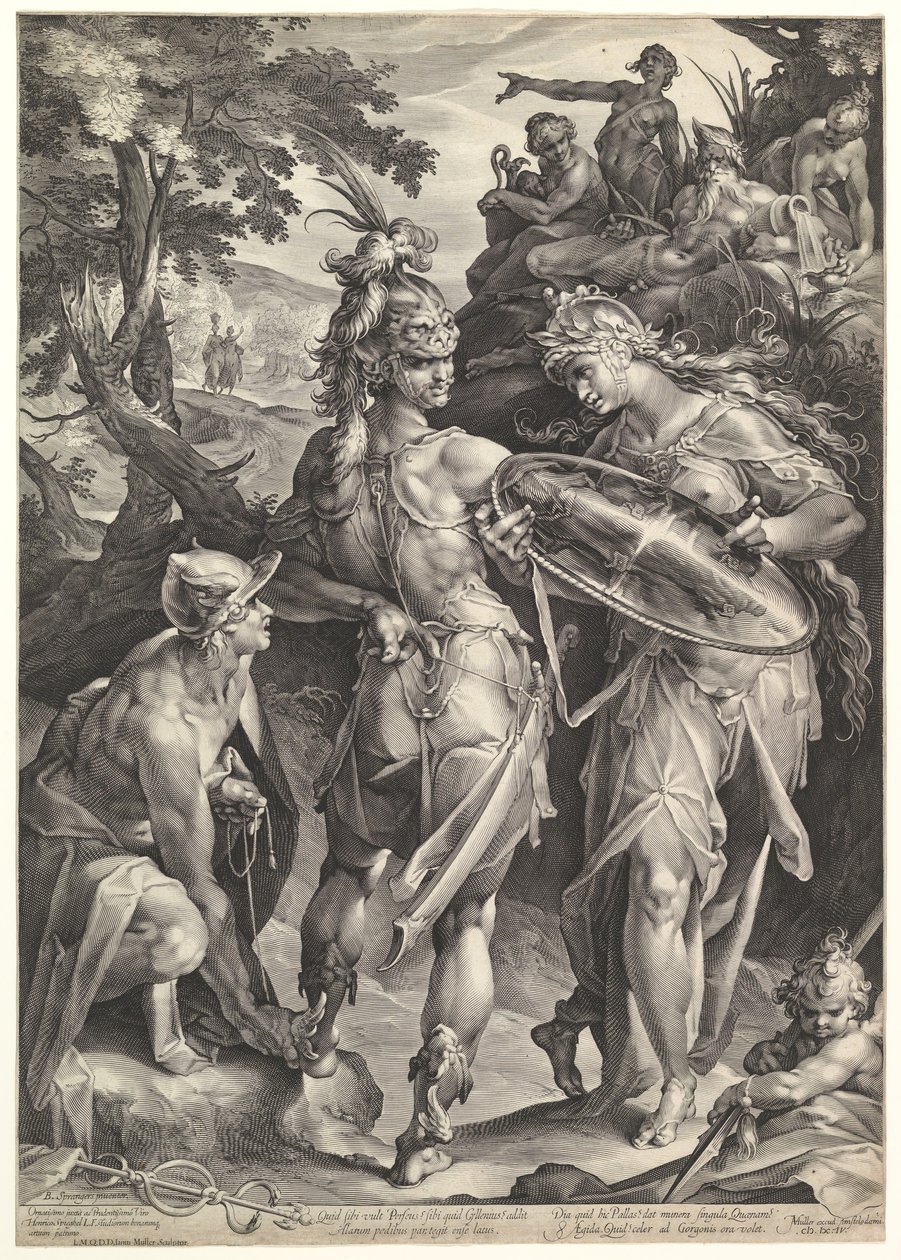 Minerwa i Merkury Perseusz uzbrajający, 1604 autorstwa Bartholomeus Spranger