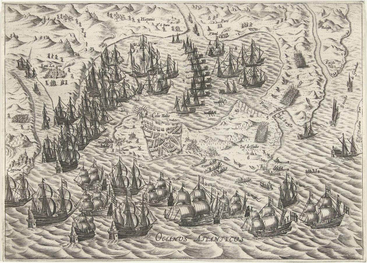 Bitwa pod Kadyksem, 1596 autorstwa Bartholomeus Willemsz. Dolendo (attributed to)