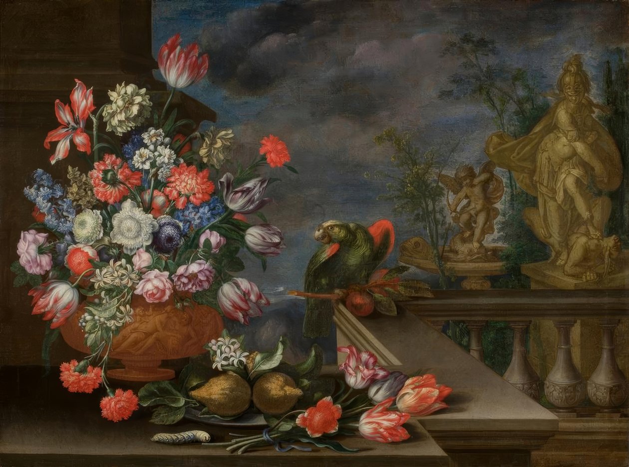 Martwa natura z wazonem z kwiatami, cytrusami, papugą i rzeźbą fontanny autorstwa Bartolomeo Ligozzi