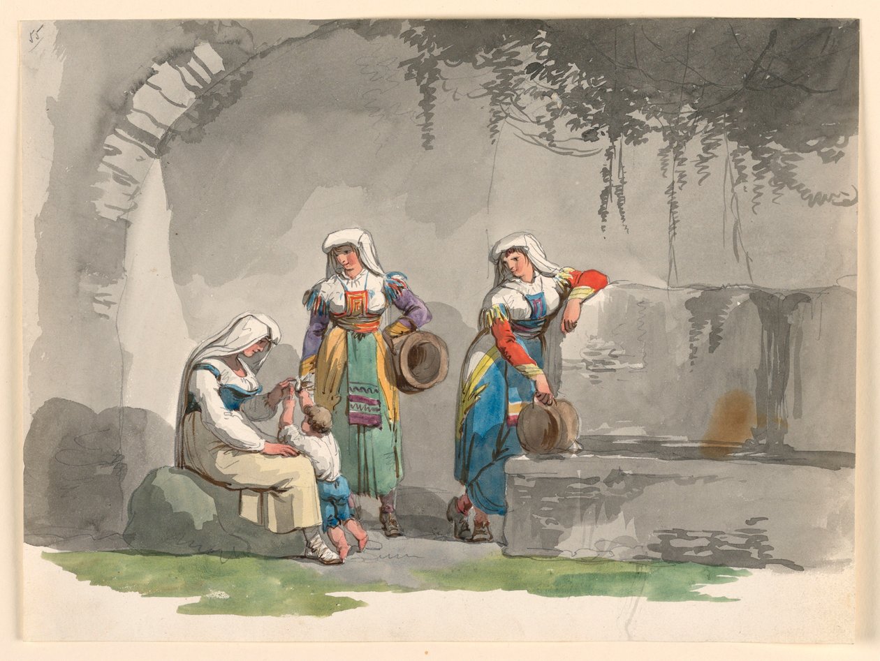 Rysunek, Trzy kobiety z południowych Włoch, 1807-08 autorstwa Bartolomeo Pinelli
