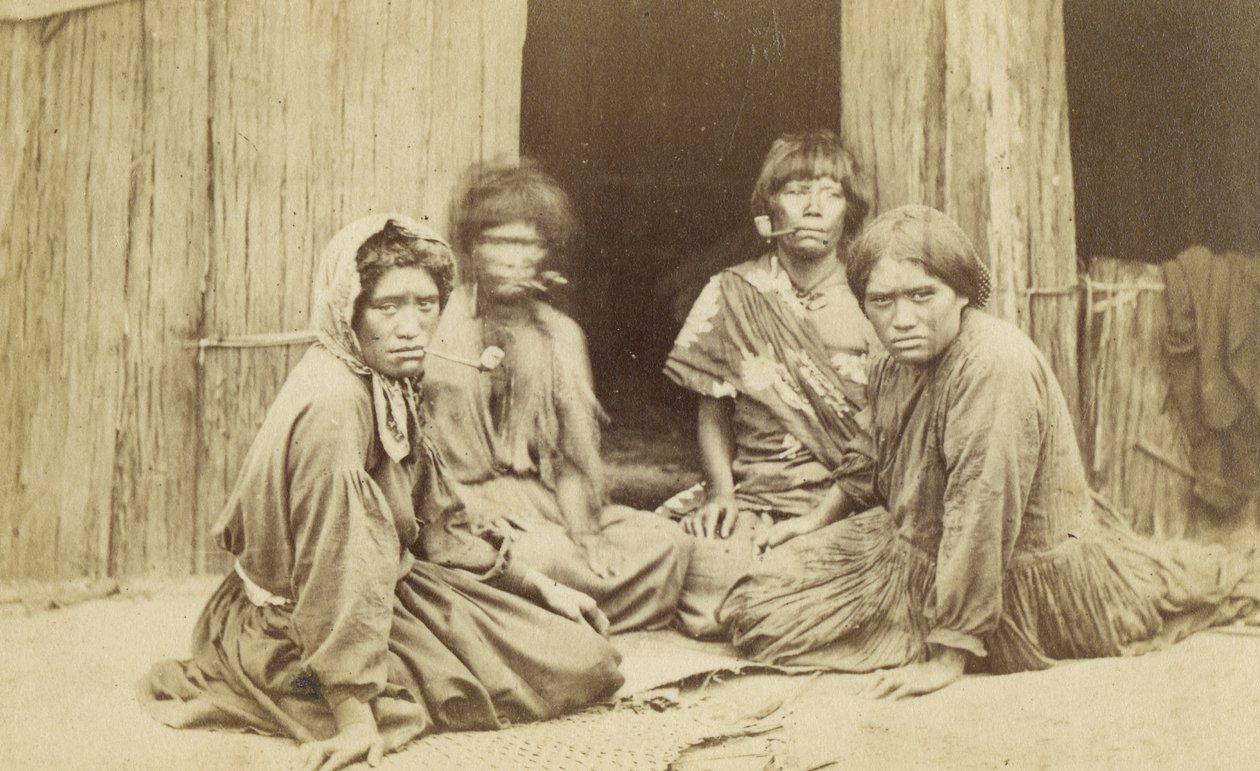 Grupa Maoryskich Kobiet na Zewnątrz Whare, c.1865 (druk albumowy) autorstwa Batt and Richards