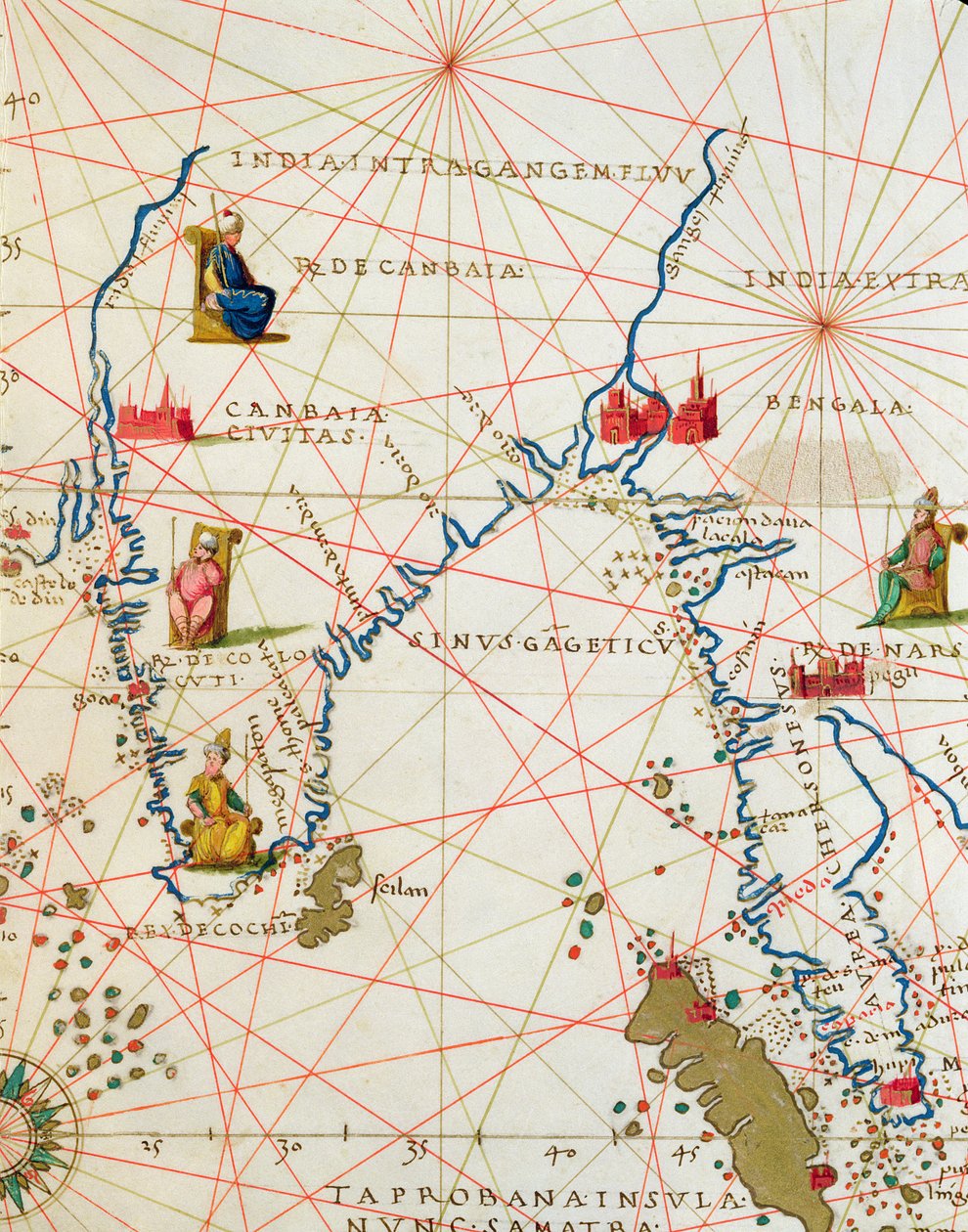 Indie i Malezja, z Atlasu Świata w 33 Mapach, Wenecja, 1 września 1553 (tusz na welinie) (szczegół z 330955) autorstwa Battista Agnese