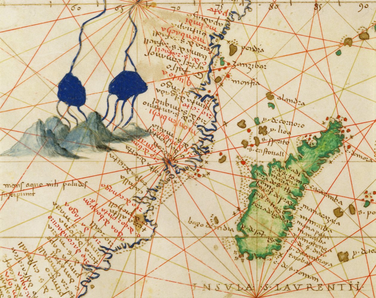 Madagaskar, z Atlasu Świata w 33 Mapach, Wenecja, 1 września 1553 (tusz na welinie) (szczegół z 330955) autorstwa Battista Agnese