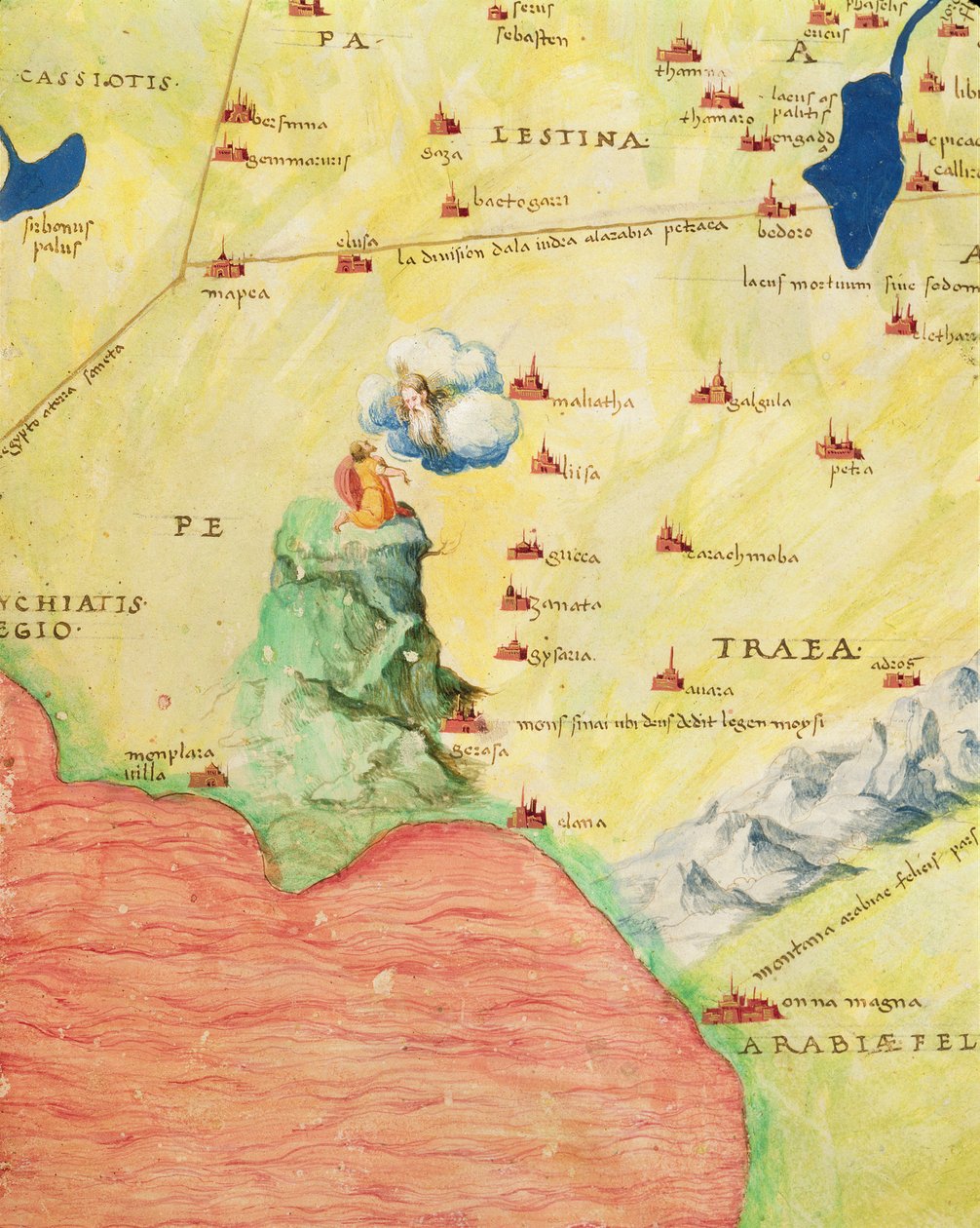 Góra Synaj i Morze Czerwone, z Atlasu Świata w 33 Mapach, Wenecja, 1 września 1553 (atrament na welinie) (szczegół z 330963) autorstwa Battista Agnese