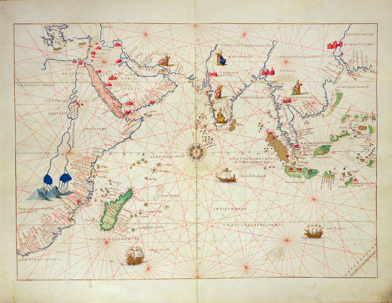 Ocean Indyjski, z Atlasu Świata w 33 Mapach, Wenecja, 1 września 1553 (atrament na welinie) (patrz także 330956) autorstwa Battista Agnese