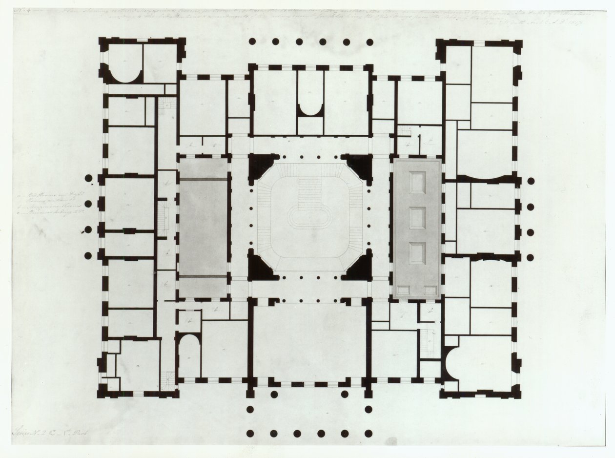 Plan antresoli, 1815 (pióro i czarny tusz, szare lanie) autorstwa Benjamin Dean Wyatt