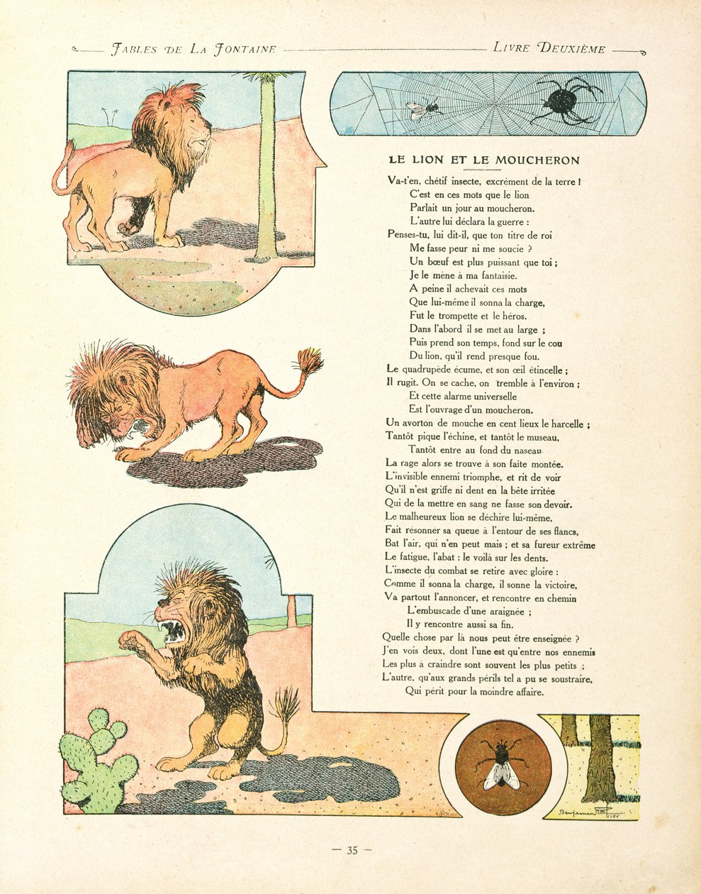 Lew i komar, ilustracja z „Bajek” Jeana de la Fontaine, wydanie z 1906 r. autorstwa Benjamin Rabier