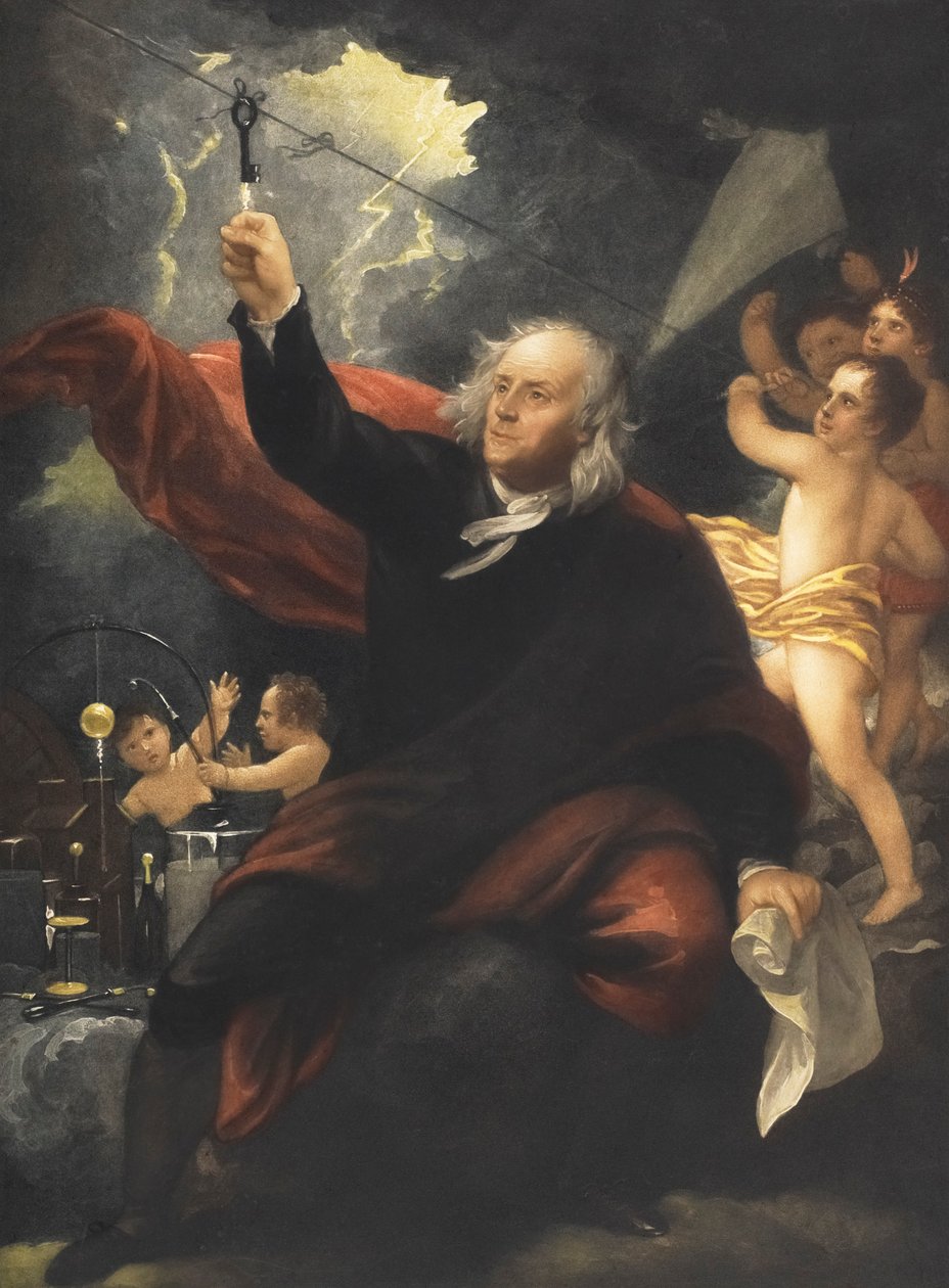 Eksperyment z latawcem Benjamina Franklina. (wydrukować) autorstwa Benjamin (after) West