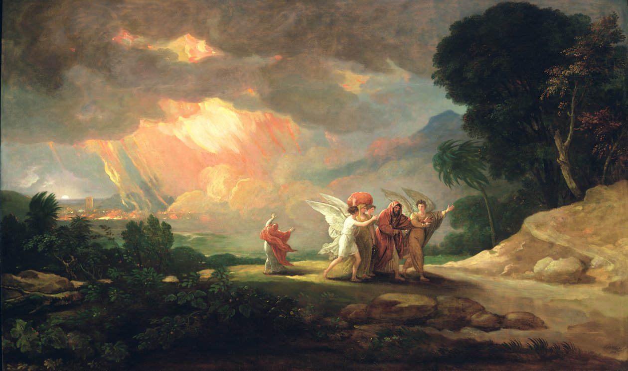 Lot uciekający z Sodomy, 1810 autorstwa Benjamin West