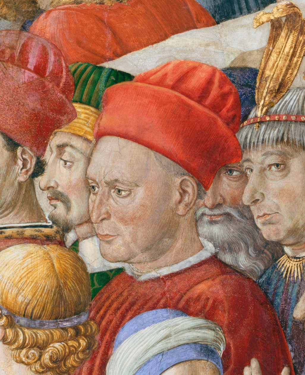 Twarz w procesji, fragment z cyklu Podróż Trzech Króli w kaplicy, ok. 1460, fragment fresku z 70603 autorstwa Benozzo di Lese di Sandro Gozzoli