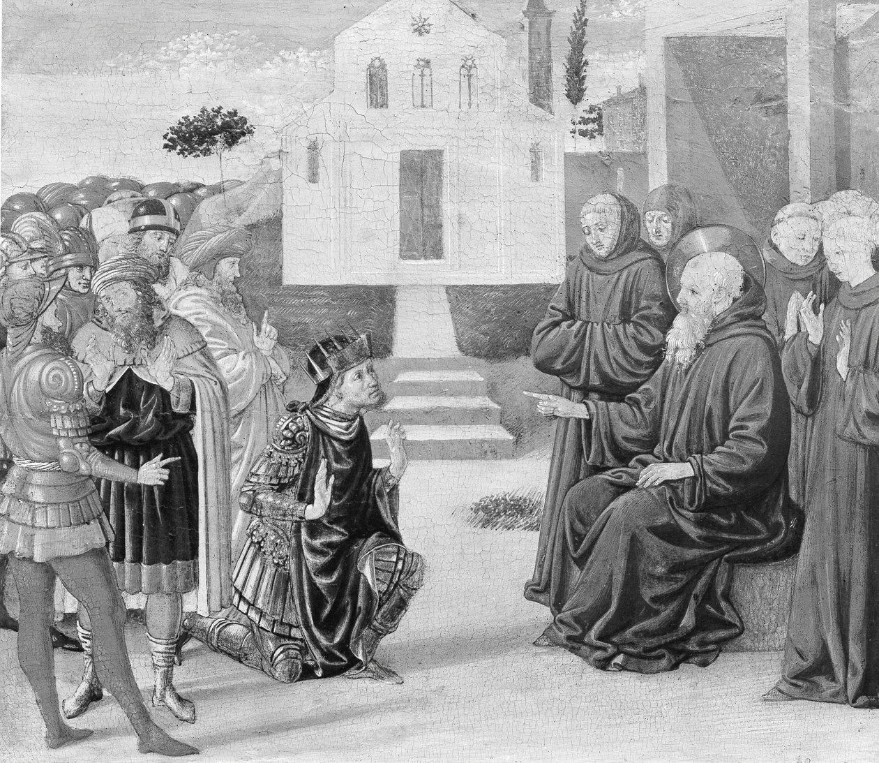 Totila przed św. Benedyktem. autorstwa Benozzo Gozzoli