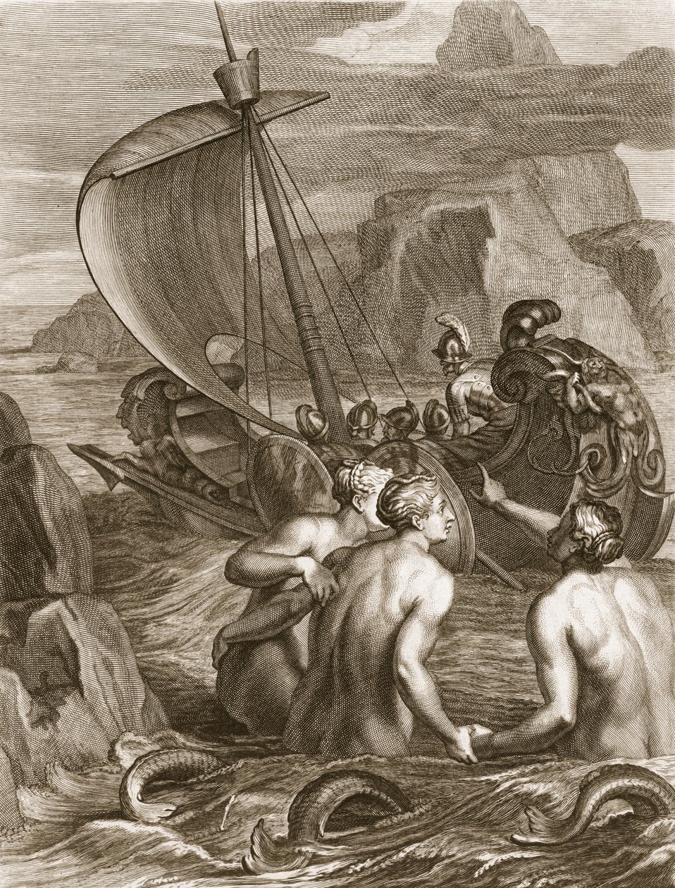 Ulisses i jego towarzysze unikają uroków syren, 1731 autorstwa Bernard Picart