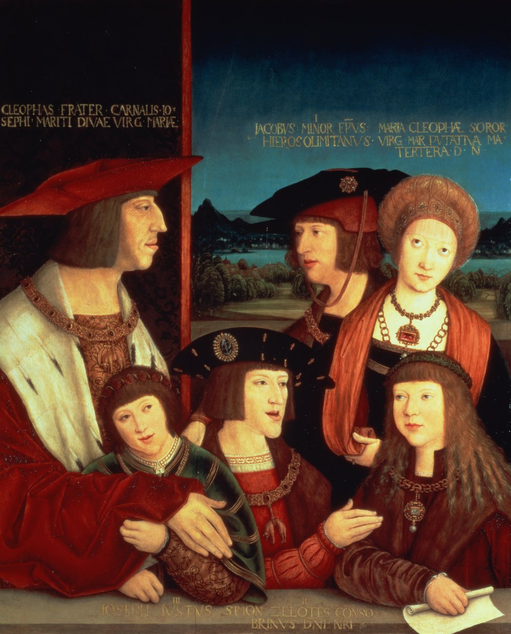 Maksymilian I (1459-1519) z pierwszą żoną Marią burgundzką (1457-82) między nimi ich syn Filip I Hiszpania i król Kastylii (Czarny) (1478-1506), jego synowie Karol V (1500-58), Ferdynand I (150 autorstwa Bernhard Strigel