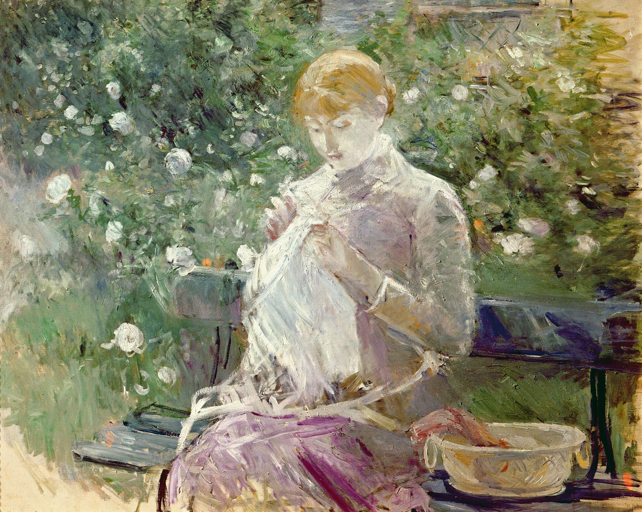 Szycie Pasie w Ogrodzie Bougivala, 1881 r. autorstwa Berthe Morisot