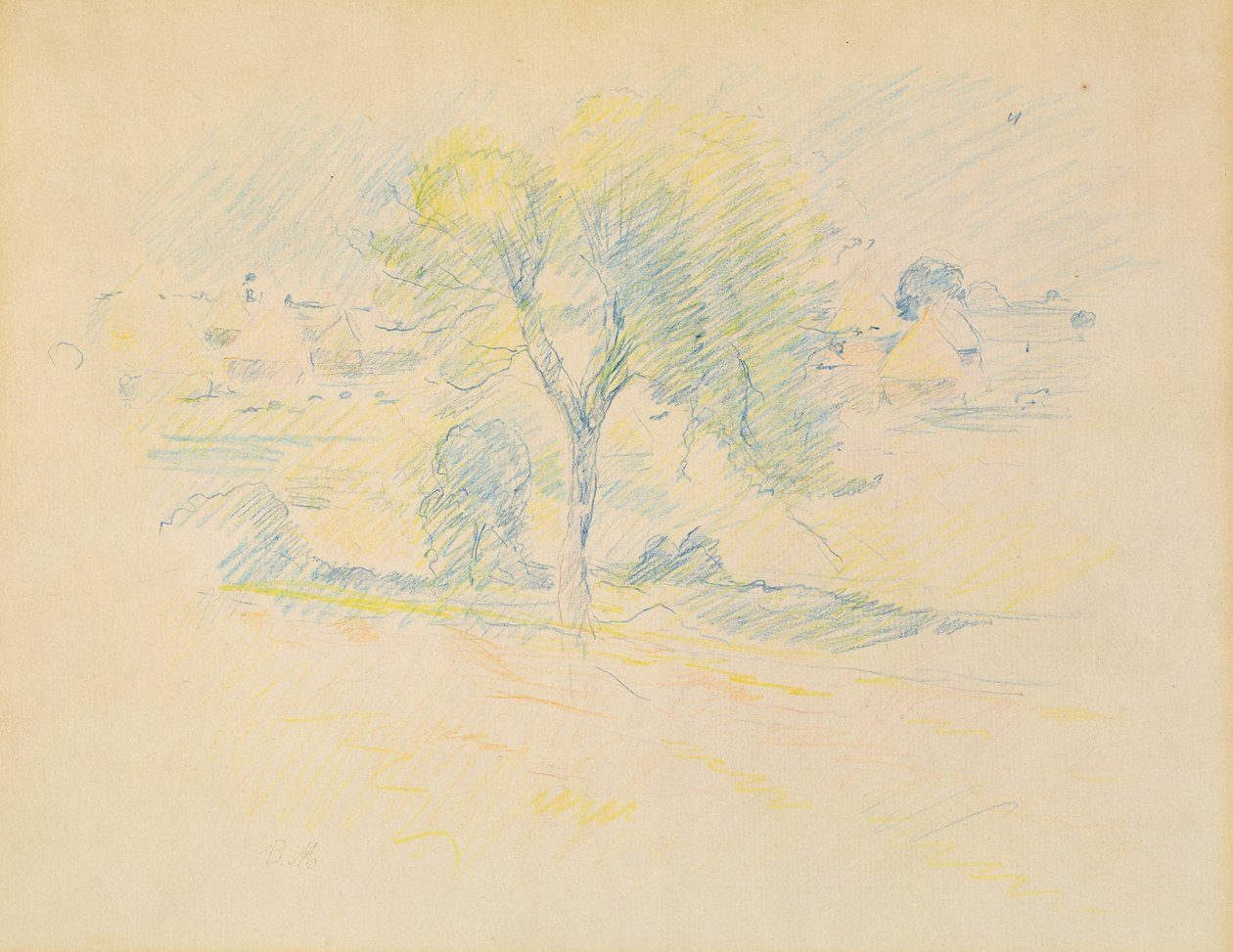 Drzewa i kamienie młyńskie, 1883 (kolorowa kredka na papierze) autorstwa Berthe Morisot