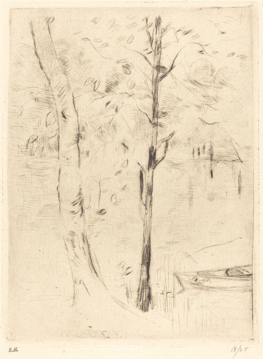 Jezioro z łodzią wiosłową autorstwa Berthe Morisot