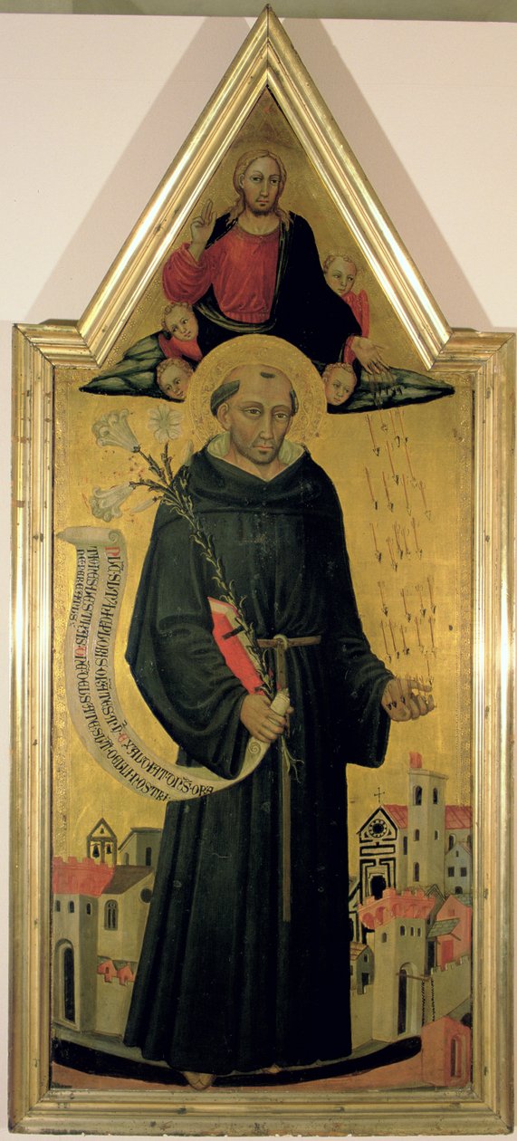 Mikołaj z Tolentino (ok. 1246-1305) Chroniący Empoli przed zarazą, 1445 (tempera ze złoceniami na płycie) autorstwa Bicci di Lorenzo