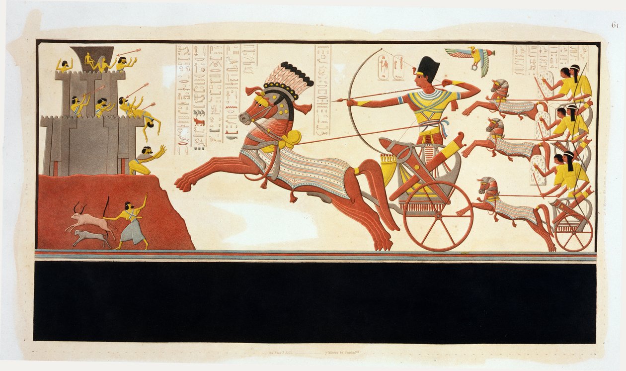 Ramzes II (1279-13 p.n.e.) w bitwie pod Kadesz, twarzą w twarz z armią Muwattali, króla Hetytów, malowidło ścienne ze świątyni Ramzesa II, Abu Simbel autorstwa Bigant and Allais