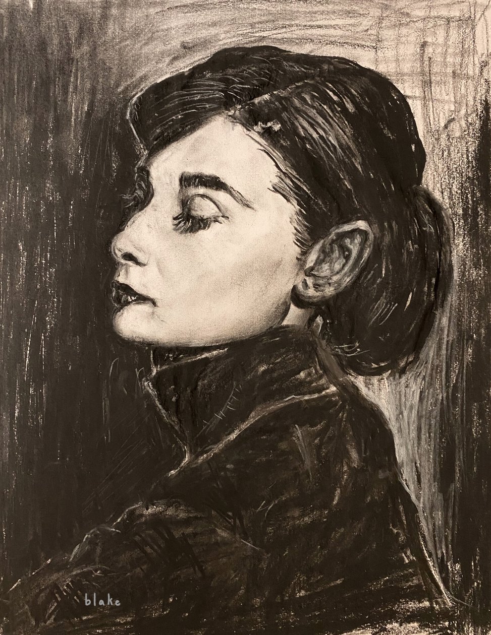 Audrey Hepburn, ok. 2021 (węgiel na papierze) autorstwa Blake Munch