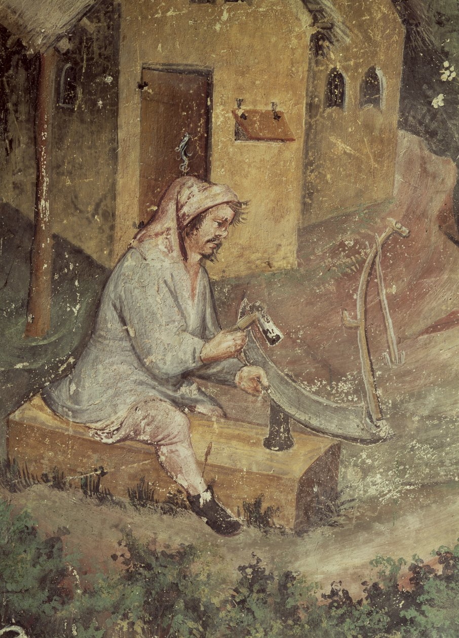 Miesiąc lipiec, fragment chłopa ostrzącego kosę, ok. 1400 autorstwa Bohemian School