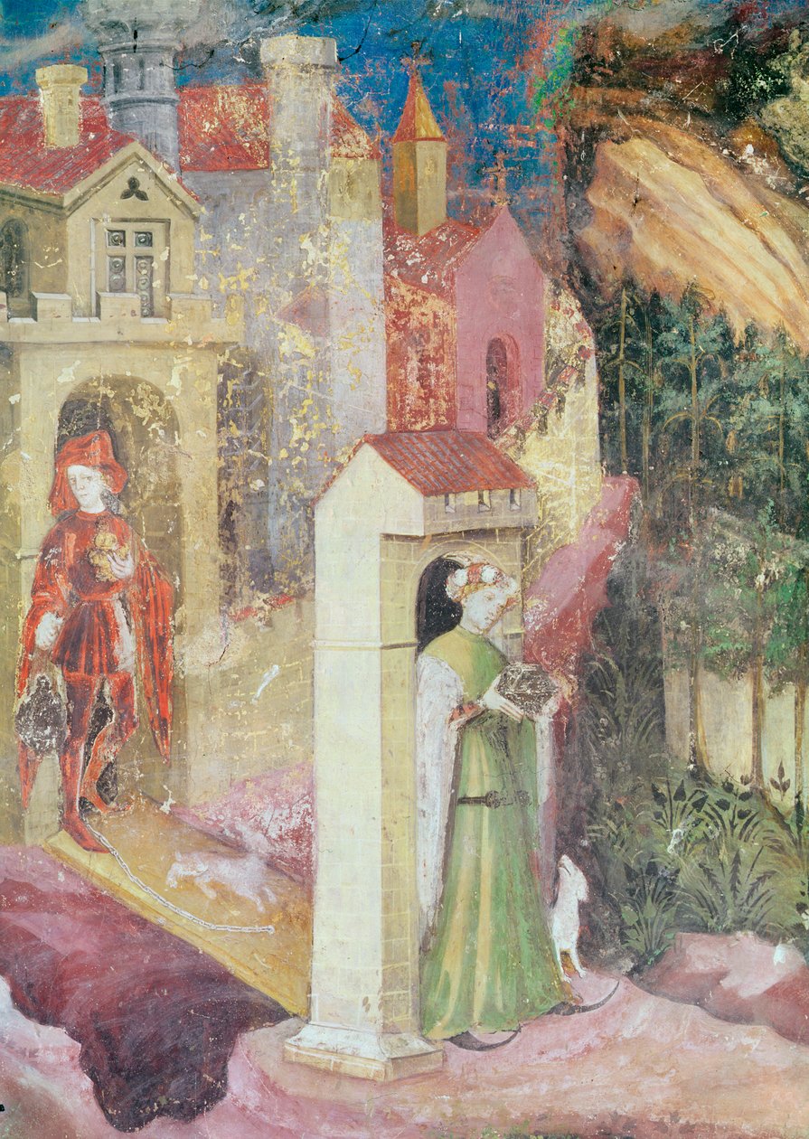 Miesiąc czerwiec, fragment pary idącej na spacer, ok. 1400 autorstwa Bohemian School