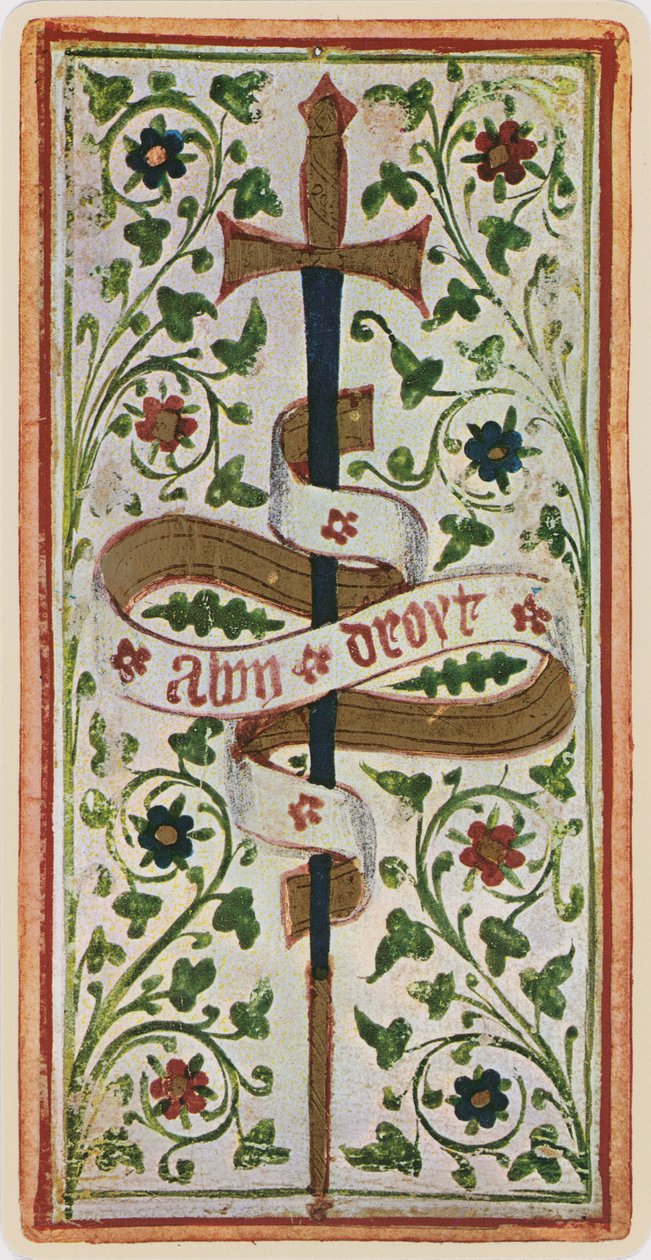 As mieczy, faksymile karty tarota z talii „Visconti”, 1441-47 autorstwa Bonifacio Bembo