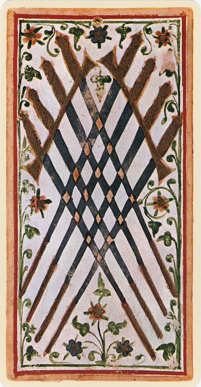 Ósemka Mieczy, faksymile karty tarota z talii Visconti, 1441-47 autorstwa Bonifacio Bembo