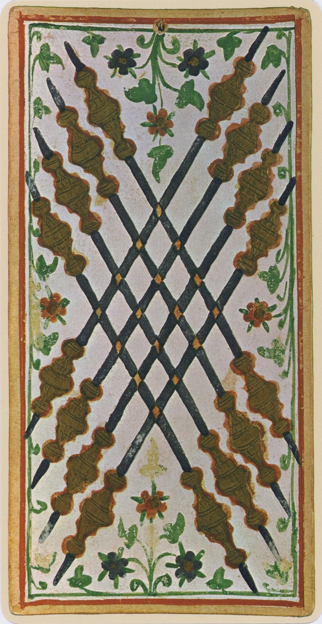 Osiem Buław, faksymile karty tarota z talii „Visconti”, 1441-47 autorstwa Bonifacio Bembo