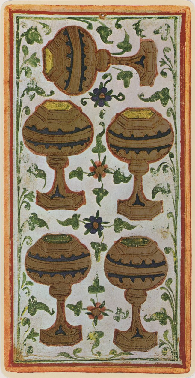 Piątka Pucharów, faksymile karty tarota z talii „Visconti”, 1441-47 autorstwa Bonifacio Bembo