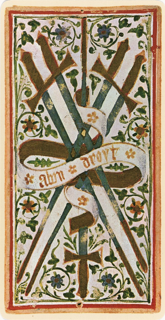 Piątka mieczy, faksymile karty tarota z talii „Visconti”, 1441-47 autorstwa Bonifacio Bembo