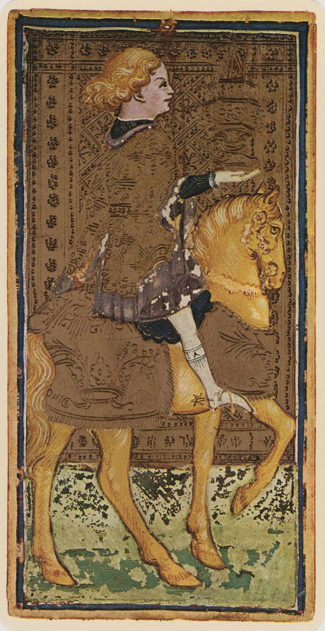 Rycerz Pucharów, faksymile karty tarota z talii „Visconti”, 1441-47 autorstwa Bonifacio Bembo