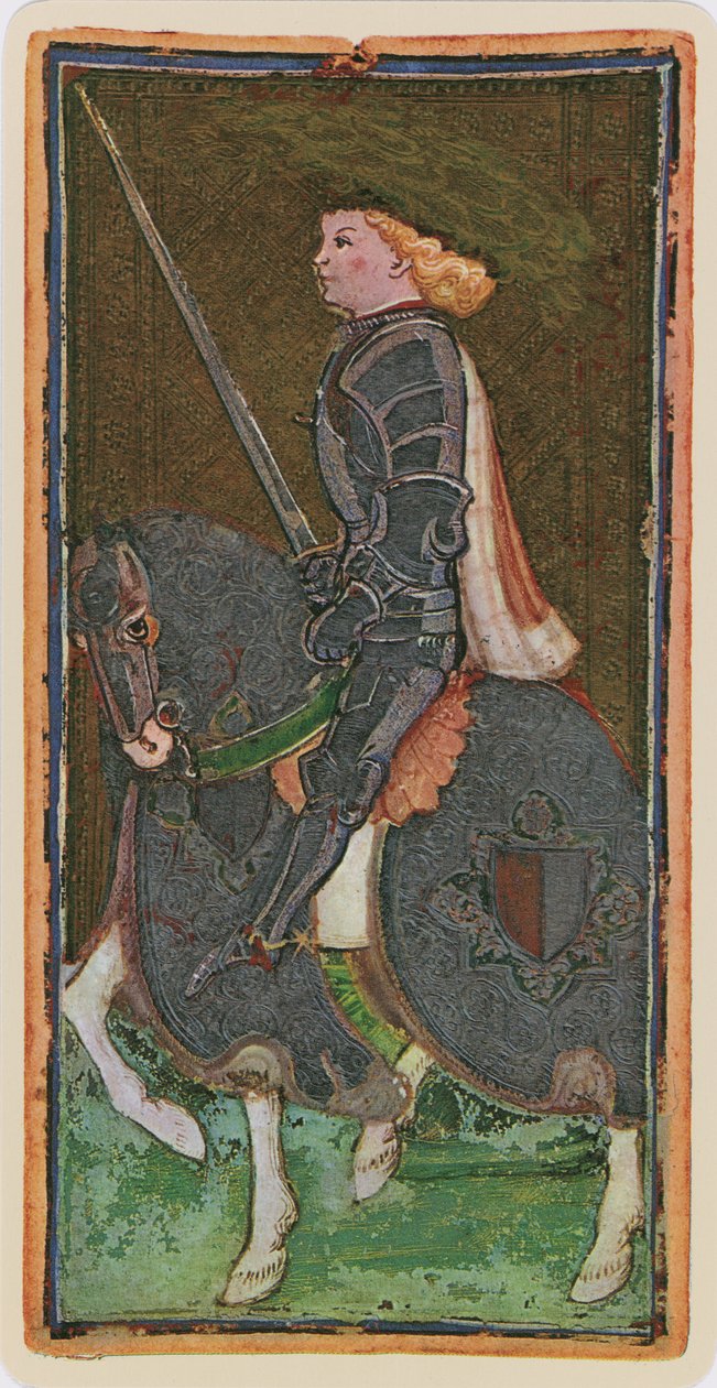 Rycerz Mieczy, faksymile karty tarota z talii „Visconti”, 1441-47 autorstwa Bonifacio Bembo