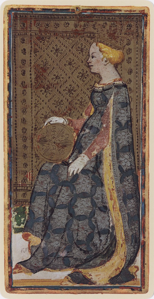 Królowa monet, faksymile karty tarota z talii „Visconti”, 1441-47 autorstwa Bonifacio Bembo