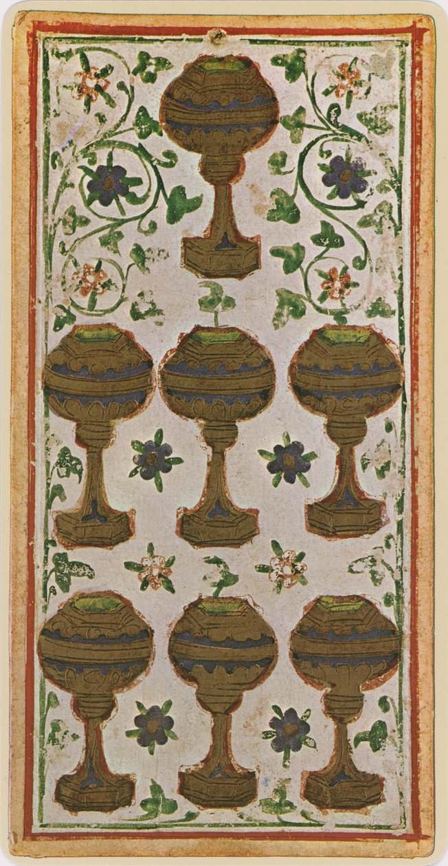Siedem Pucharów, faksymile karty tarota z talii Visconti, 1441-47 autorstwa Bonifacio Bembo