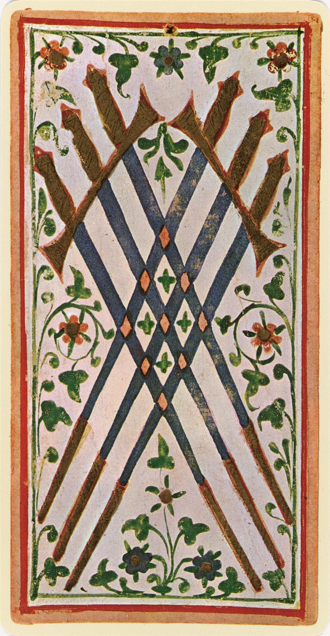 Sześć mieczy, faksymile karty tarota z talii „Visconti”, 1441-47 autorstwa Bonifacio Bembo