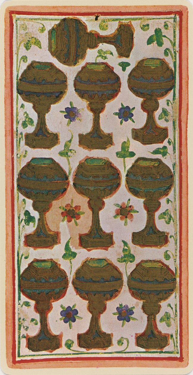 Dziesiątka Pucharów, faksymile karty tarota z talii „Visconti”, 1441-47 autorstwa Bonifacio Bembo