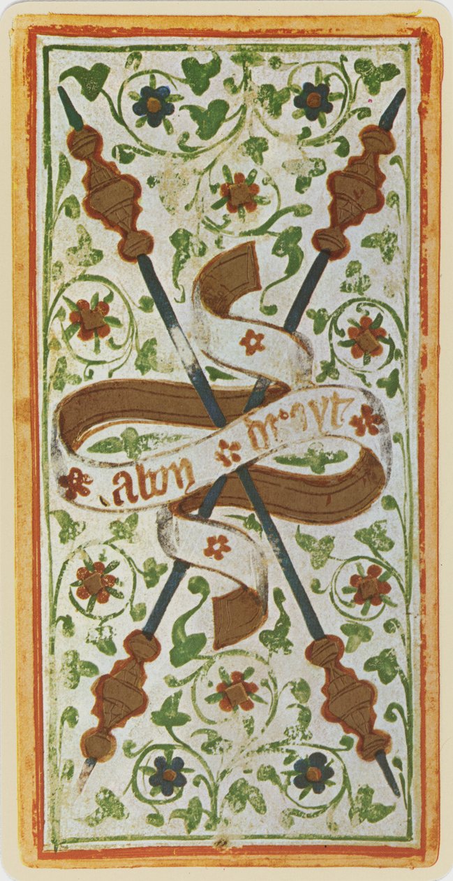 Dwójka Buław, faksymile karty tarota z talii „Visconti”, 1441-47 autorstwa Bonifacio Bembo