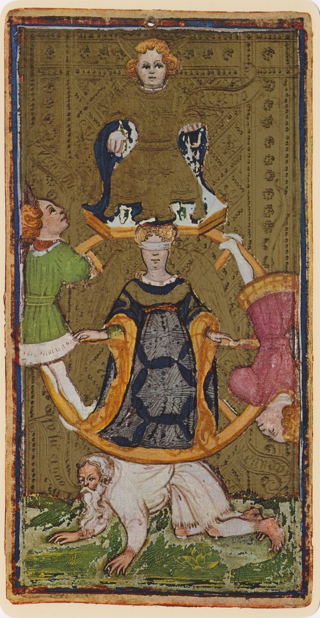 Koło fortuny, faksymile karty tarota z talii „Visconti”, 1441-47 autorstwa Bonifacio Bembo