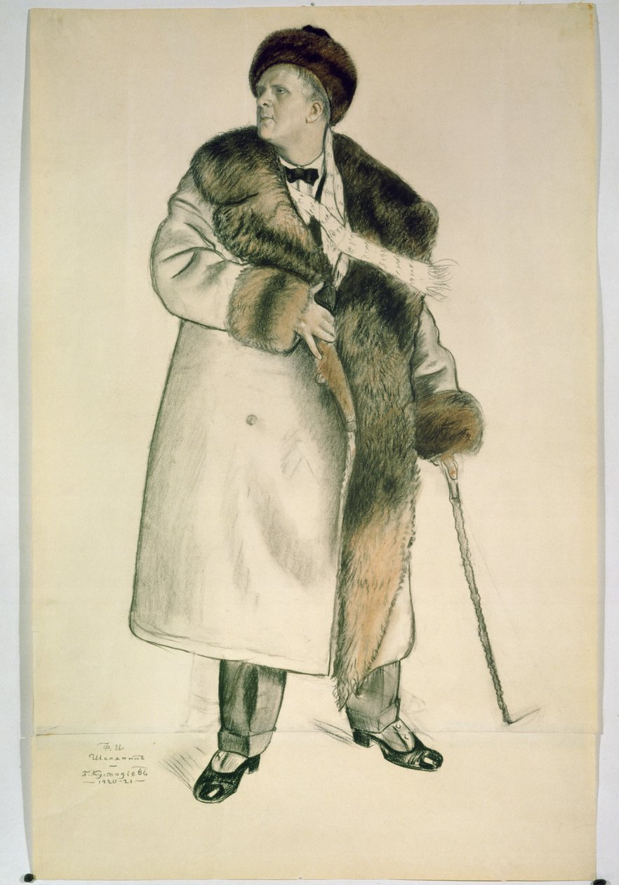 Portret śpiewaka operowego Feodora Iwanowicza Czaliapina (1873-1938) 1920-21 (węgiel drzewny i wc na papierze) autorstwa Boris Mikhailovich Kustodiev