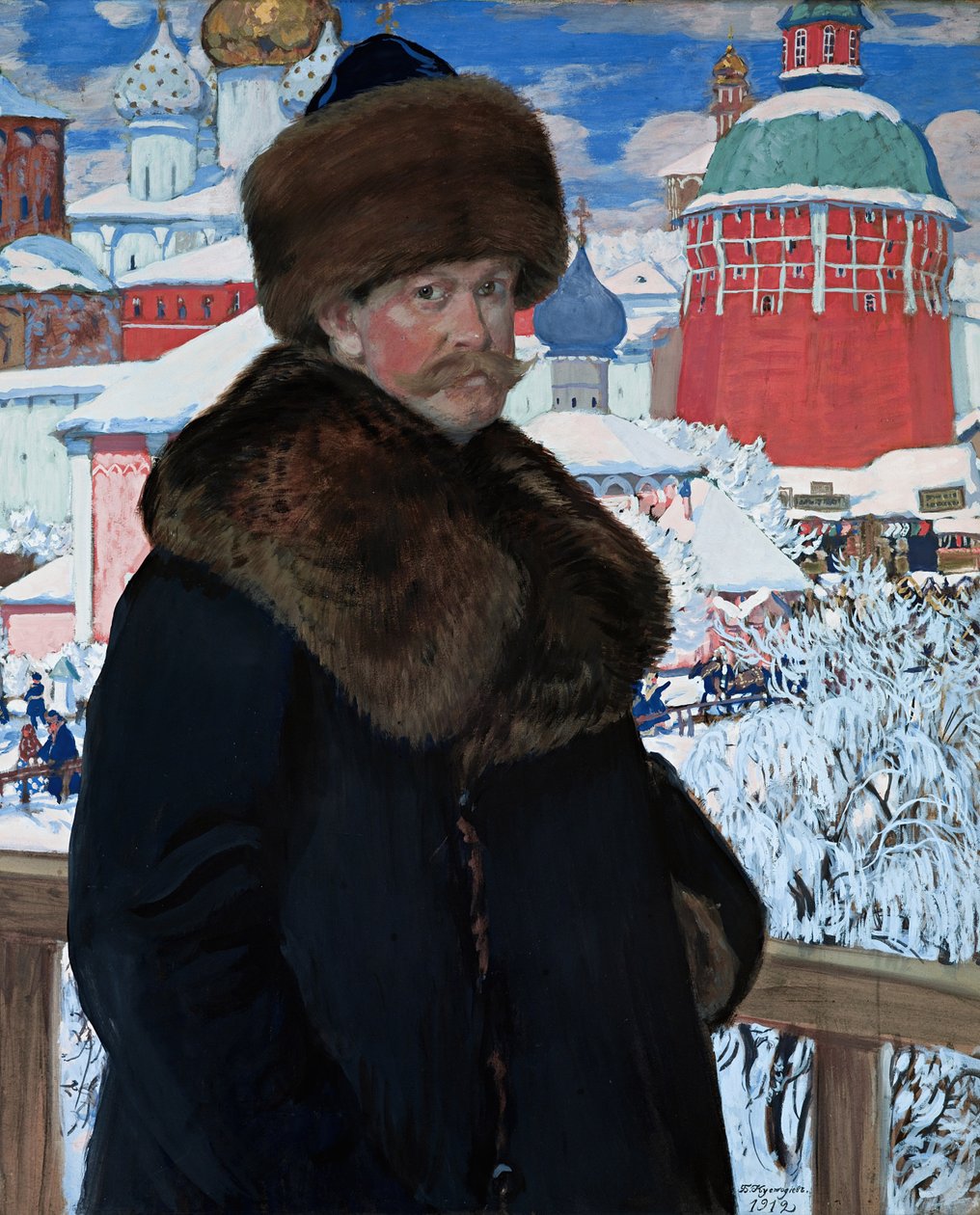 Autoportret, 1912 (tempera na tekturze) autorstwa Boris Mikhailovich Kustodiev