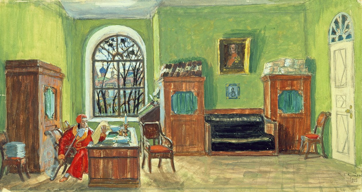 Scenografia do spektaklu „Śmierć Puszkina” M. Saltykow-Schtschedrin, 1914 (akwarela, gwasz na papierze) autorstwa Boris Mikhailovich Kustodiev
