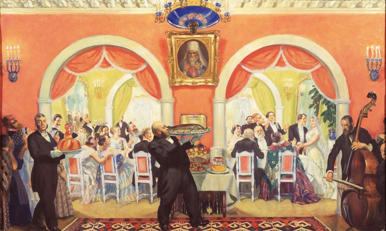 Uczta weselna, 1917 autorstwa Boris Mikhailovich Kustodiev