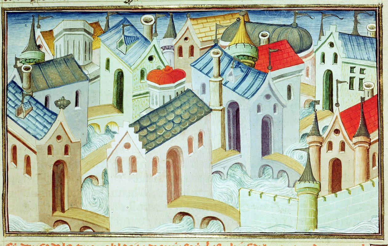 Ms 2810 f.67, Miasto Kinsai, z „Livre des Merveilles du Monde”, c.1410-12 (tempera na welinie) autorstwa Boucicaut Master