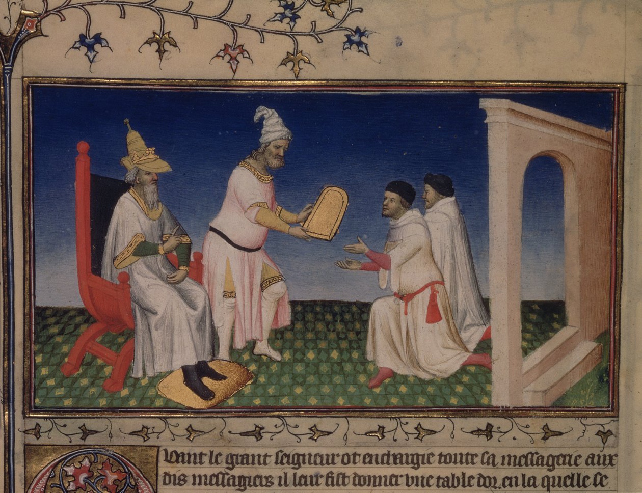 Pani Fr 2810 f.3v, Kubilaj Khan, przekazująca Nicolo i Marco Polo bezpieczną drogę do Pekinu, ze swoją złotą pieczęcią dla Polo w Cambaluc w 1292 r., z „Le Livre des Merveilles”, c.1410-12 (tempera na welinie) autorstwa Boucicaut Master