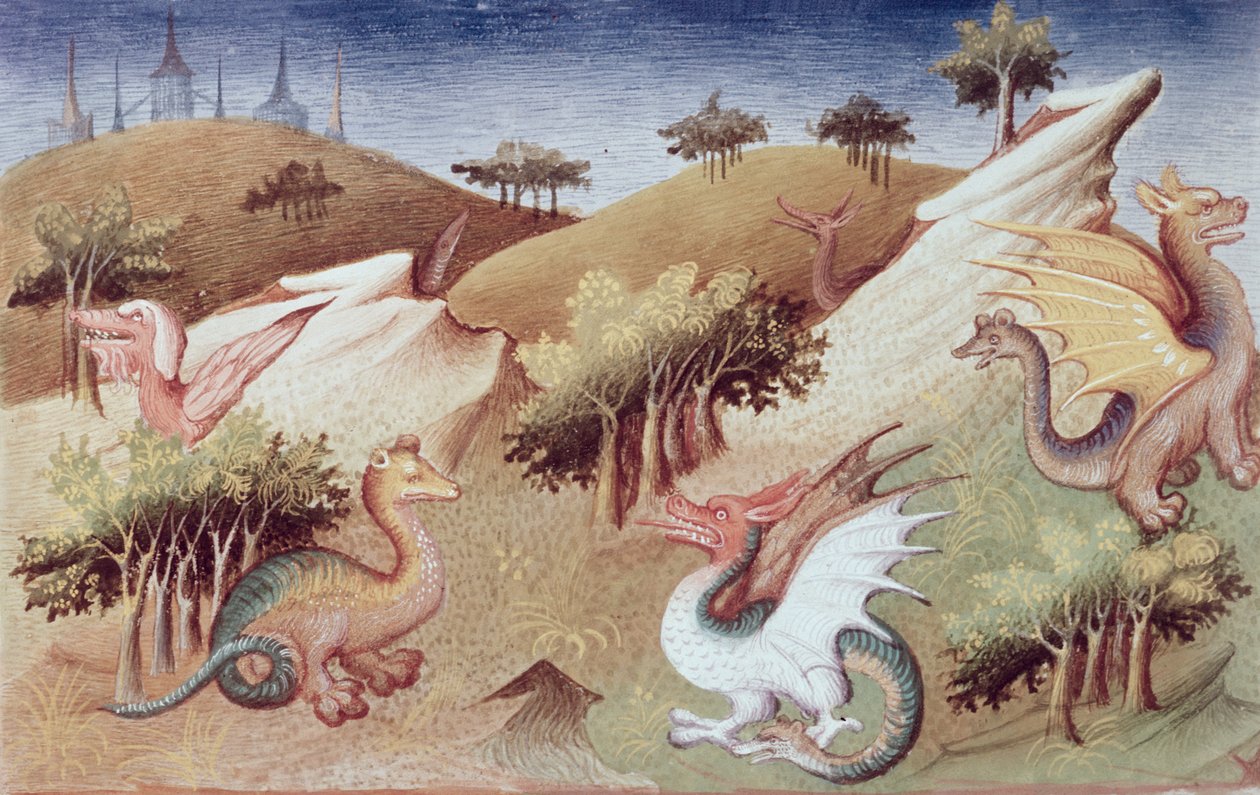 Pani Fr 2810 f.55v, Smoki i inne bestie, z „Le Livre des Merveilles du Monde”, c.1410-12 (tempera on vellum) autorstwa Boucicaut Master