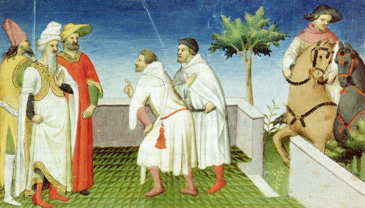 Pani Fr 2810 f.6, Nicolo, Marco i Matteo Polo żegnający się z Wielkim Chanem, Livre des Merveilles du Monde, c.1410-12 (tempera on vellum) autorstwa Boucicaut Master