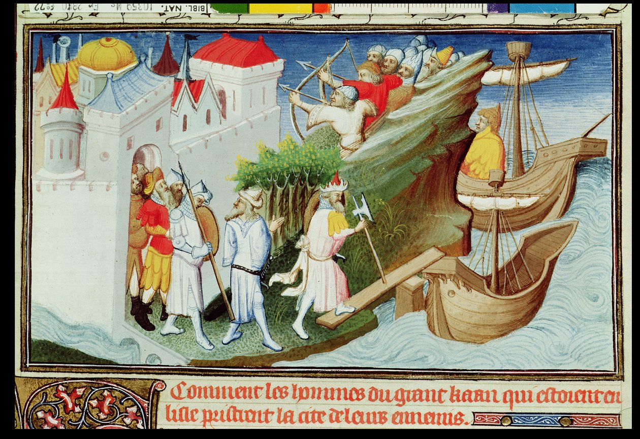 Pani Fr 2810 f.72, Żołnierze Wielkiego Chana zdobywają wyspę Sypangu, z „Livre des Merveilles du Monde”, c.1410-12 (tempera on vellum) (patrz również 220421) autorstwa Boucicaut Master