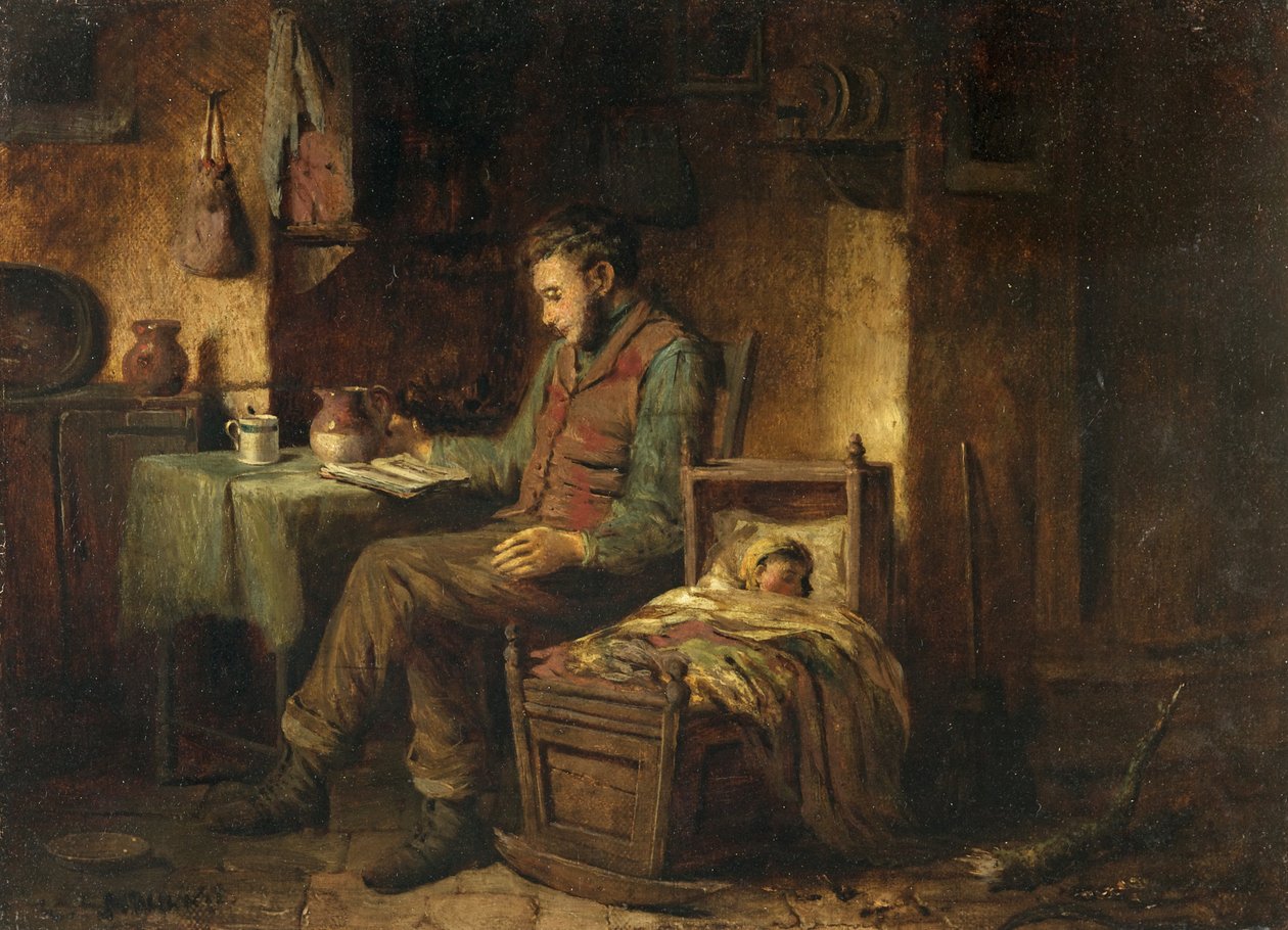 Scena domowa, ok. 1850 (olej na płótnie) autorstwa British School