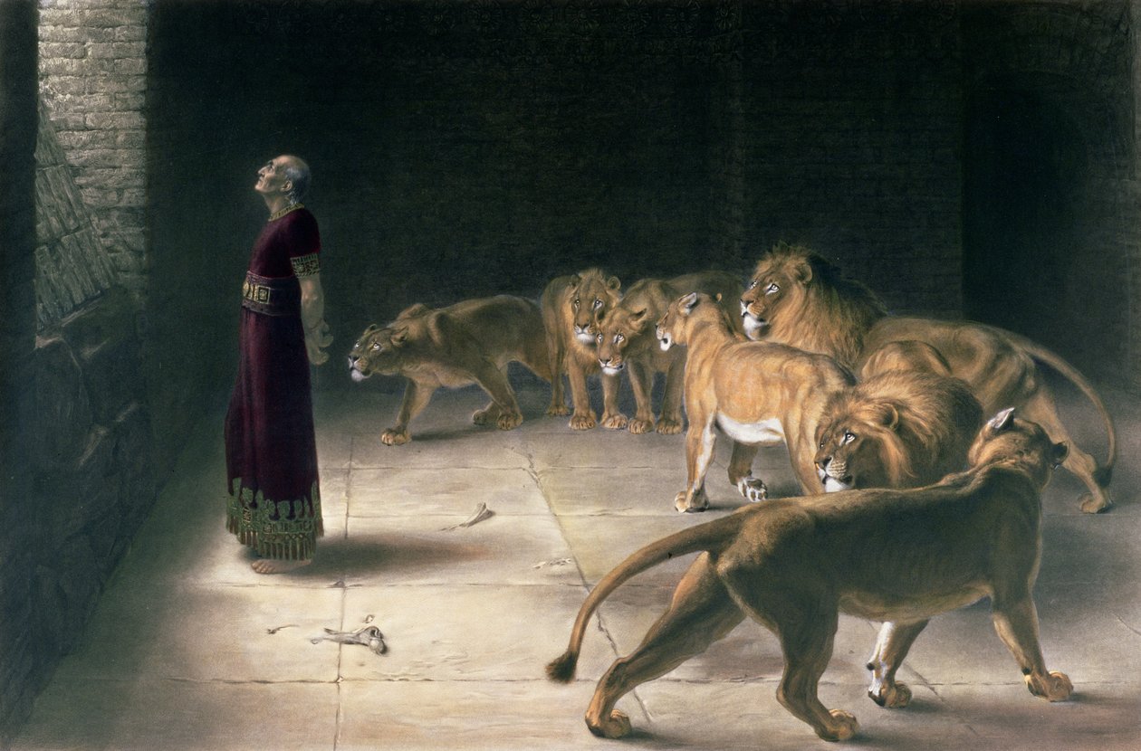 Daniel w Lions Den, mezzotinta J. B. Pratt, z kolorowaniem dłoni, wyd. Thomas Agnew i Synowie, 1892 autorstwa Briton Riviere