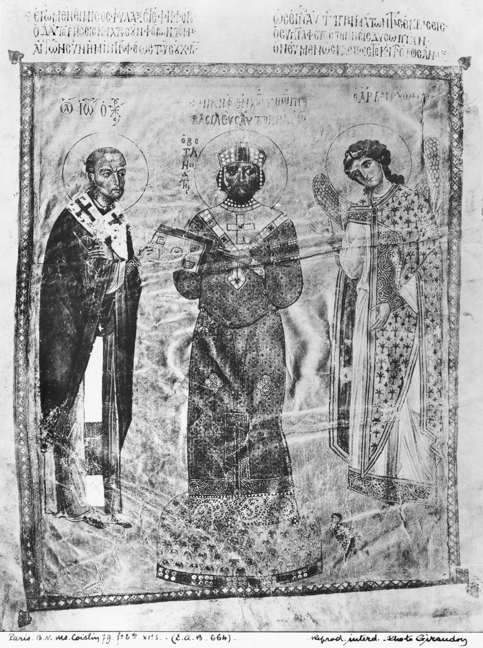Pani Coislin 79 f.2v Cesarz Nicefor III Botaniates (reg.1078-81) między św. Janem Chryzostomem (ok.347-407) a Archaniołem Michałem, ok.1078 autorstwa Byzantine